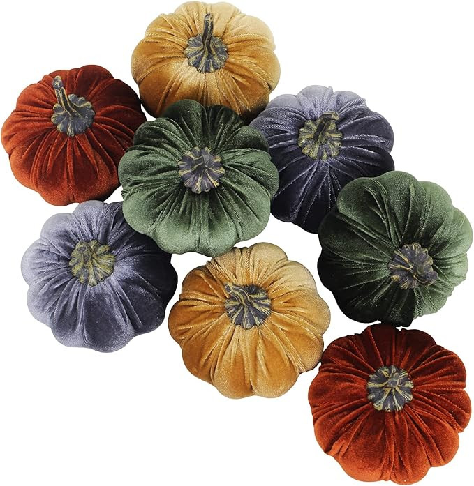 Set of 8 Faux Rustic Harvest Decorative Pumpkins Velvet Foam Pumpkins Fabric Pumpkins in Orange G... | Amazon (US)