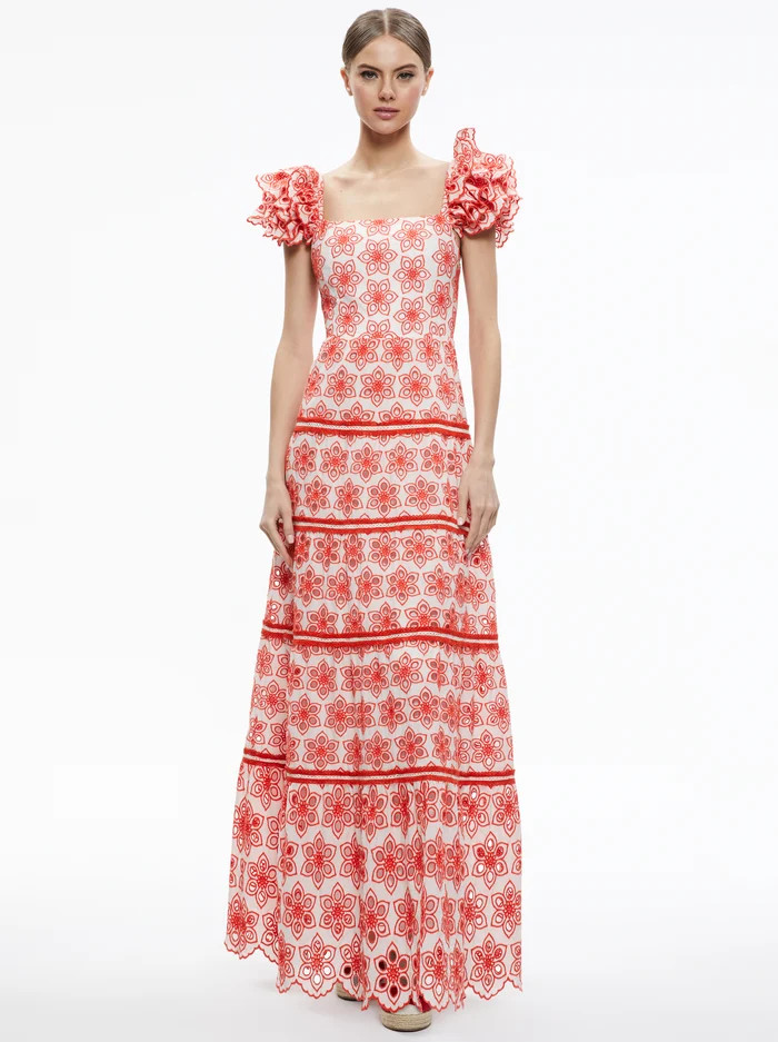 TAWNY SQUARE NECK RUFFLE TIERED MAXI DRESS | Alice + Olivia