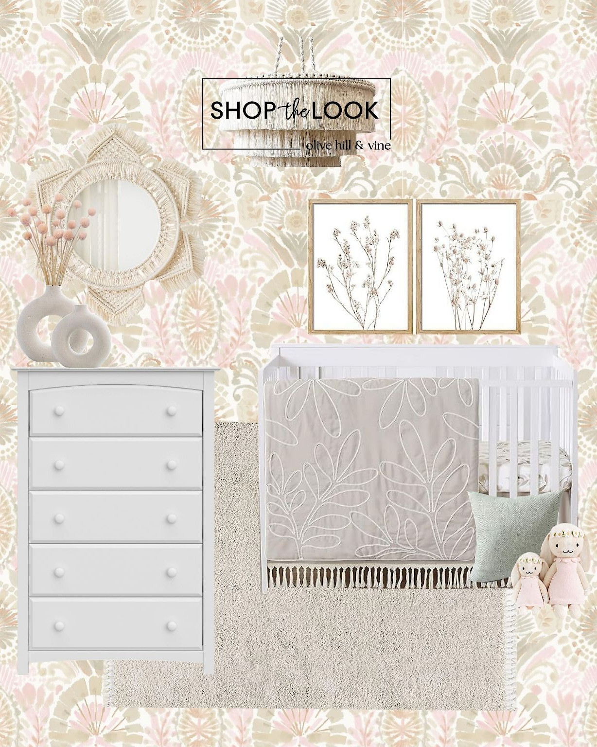 Soft sage and blush tones set the stage for a dreamy boho nursery. A white convertible crib, woodland boho leaf bedding, and macrame accents bring warmth, while wildflower art and a tassel fringe chandelier add charm. Chic, serene, and oh-so-trendy!  

 

#LTKHome #LTKBaby #LTKBump