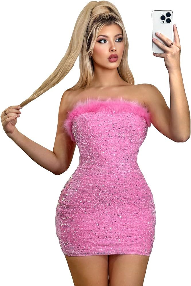 WDIRARA Women's Glitter Sequin Fuzzy Trim Tube Mini Dress Strapless Sleeveless Slim Fit Party Dre... | Amazon (US)