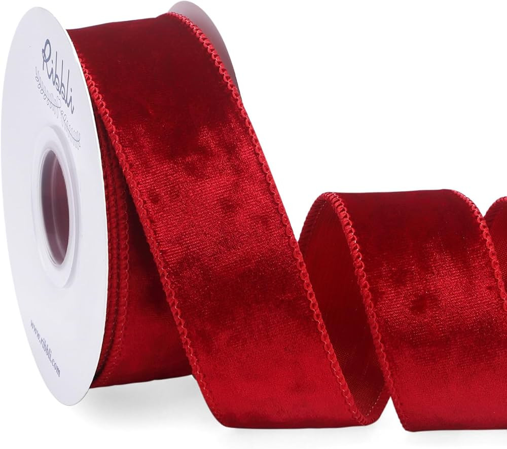 Ribbli Red Velvet Wired Ribbon 1.5 Inch Metallic Red Crushed Velvet Christmas Ribbon for Gift Wra... | Amazon (US)
