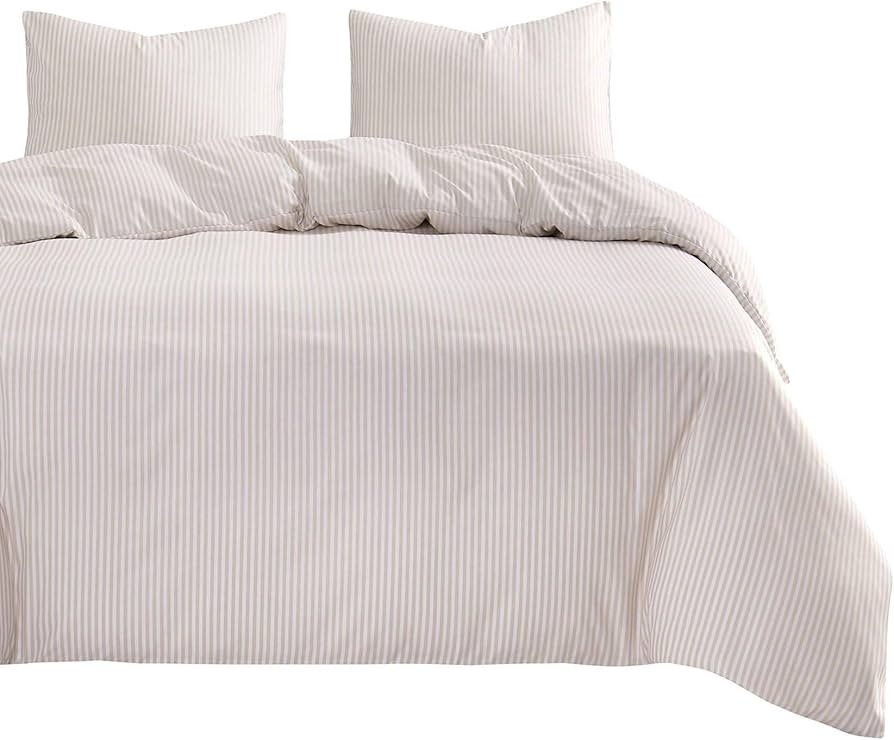 Wake In Cloud - Striped Comforter Set, Beige with White Pin Stripes Ticking Pattern Printed, Soft... | Amazon (US)