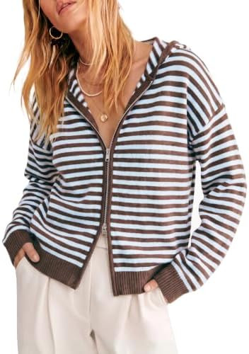 Cicy Bell Womens Striped Hooded Cardigan Zip Up Knit Long Sleeve Sweaters | Amazon (US)