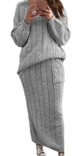 CHARTOU Women's Winter Chunky Cable Knit Long Skirt 2 Piece Outfit Sweater Sets (X-Small, Grey) | Amazon (US)