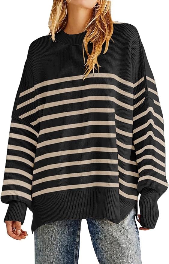 Women's Oversized Crewneck Sweaters Batwing Long Sleeve Side Slit Ribbed Knit Pullover Sweater To... | Amazon (US)