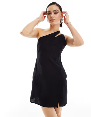 ASOS DESIGN one shoulder slit strap linen mix mini sundress in black | ASOS (Global)