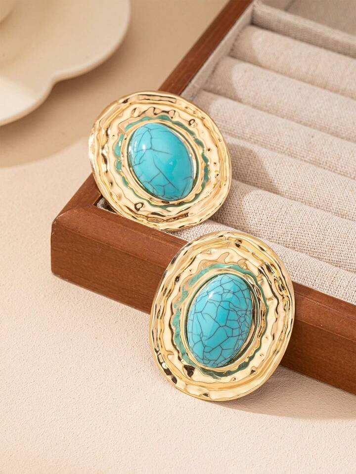 1 Pair Geometric Textured Oval Shape Inlaid Ellipse Pearl Pendant Retro Elegant Earrings For Wome... | SHEIN