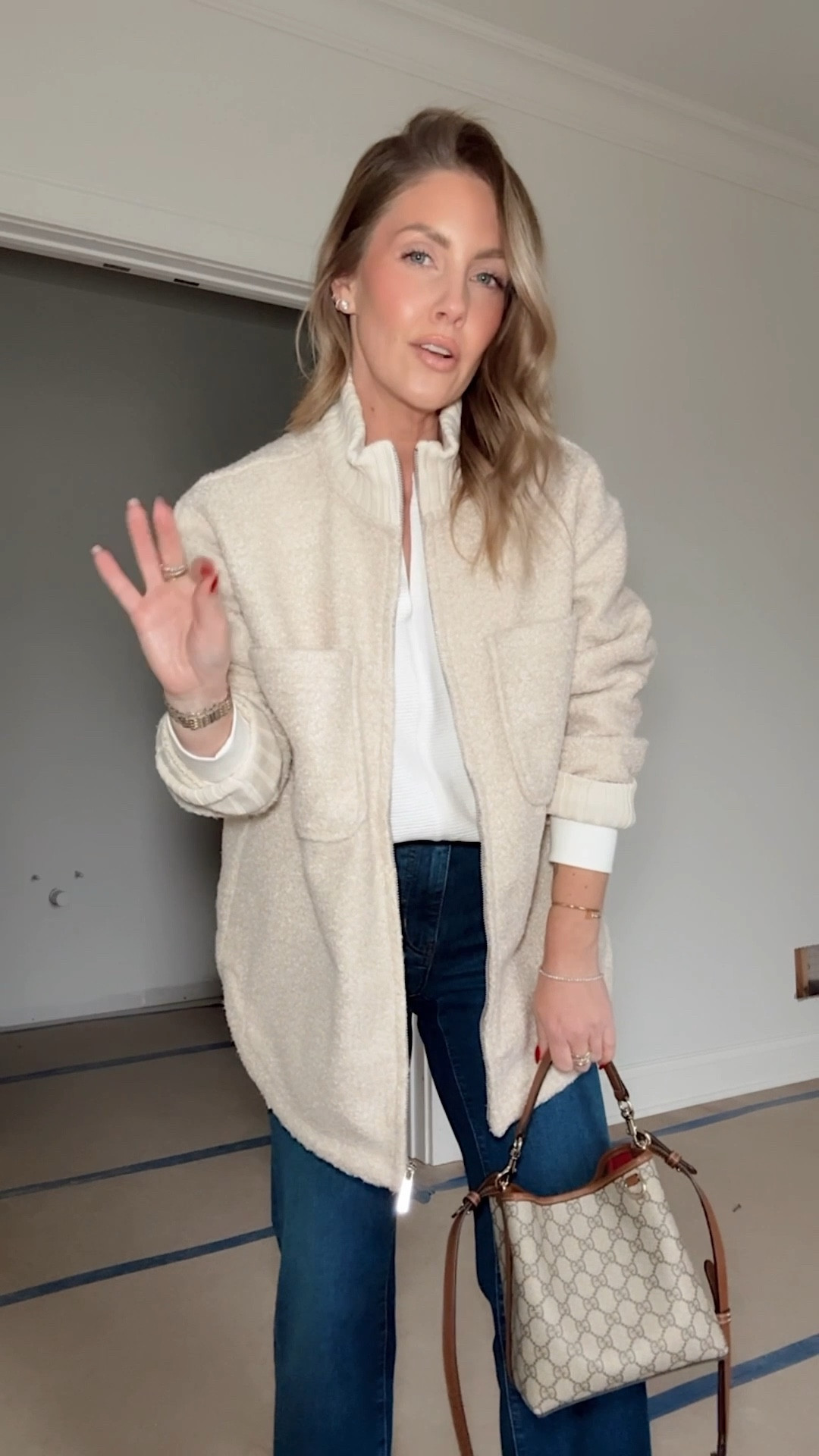 XS jacket / XS ribbed top / 24 jeans / slides are true to size 

#LTKPetite #LTKOver40 #LTKootd