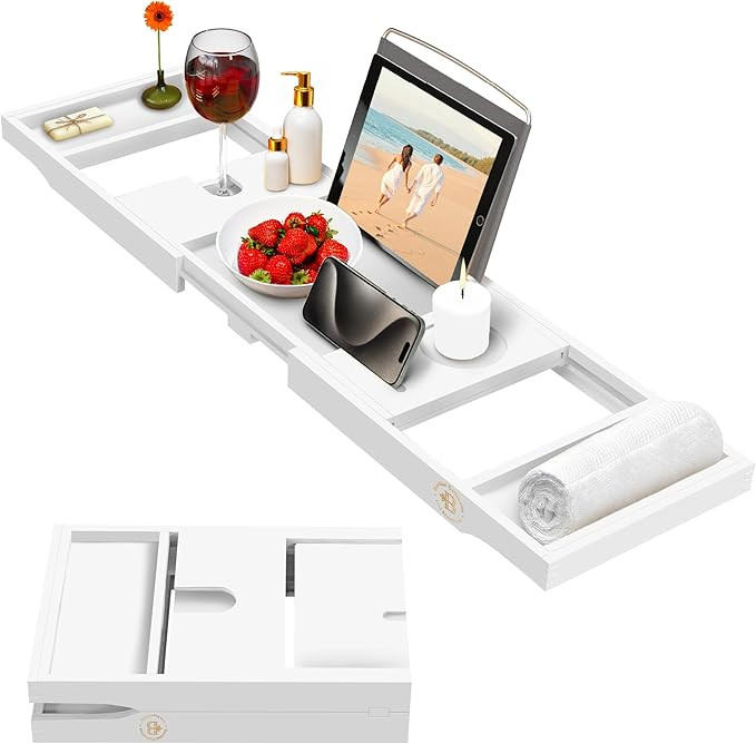 Foldable Bathtub Tray - Expandable Bamboo Bath Caddy with Wine, Book & Tablet Holder - Luxurious ... | Amazon (US)
