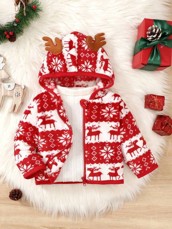 Baby Boy Christmas Snowman & Reindeer Print Plush Animal Ear Thick Fleece Long Sleeve Zipper Hood... | SHEIN