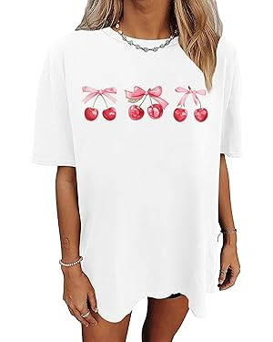 Womens Oversized Tshirt Cherry Shirt: Cherry Bow Graphic Tees Short Sleeve Shirts Summer Casual L... | Amazon (US)