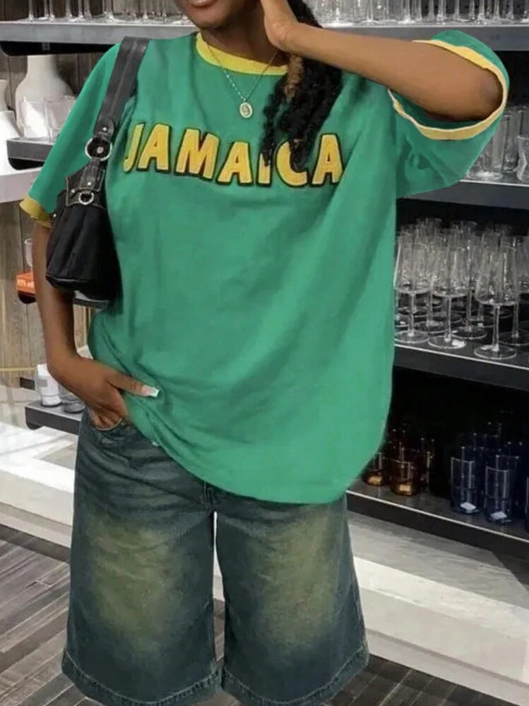 INAWLY Green Round Neck Contrast Color Jamaica Oversized Comfortable T-Shirt, Suitable For Summer Graphic Tees Women Tops | SHEIN