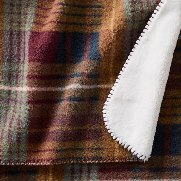 Better Homes & Gardens Plaid Reversible Faux Wool to Faux Fur Oversized Couch Throw Blanket, Crim... | Walmart (US)