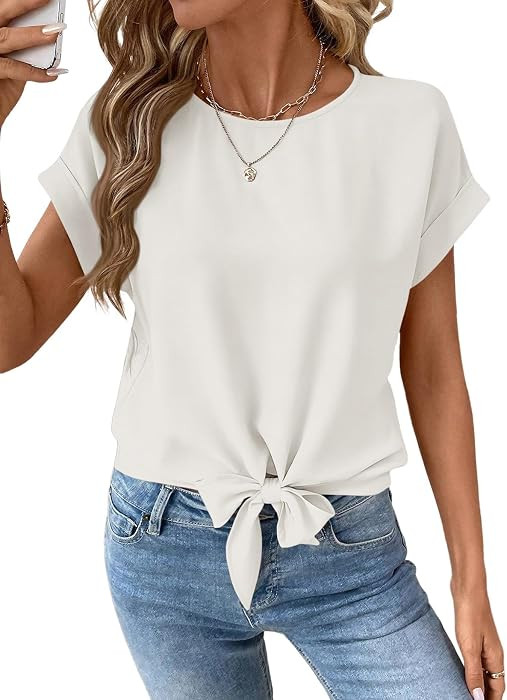 EVALESS Womens Tops Tie Front Cap Sleeve Blouses | Amazon (US)