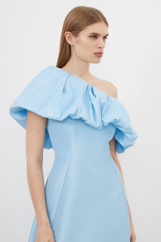 Metallic Taffeta One Shoulder Ruffle Full Skirt Maxi Dress | Karen Millen US