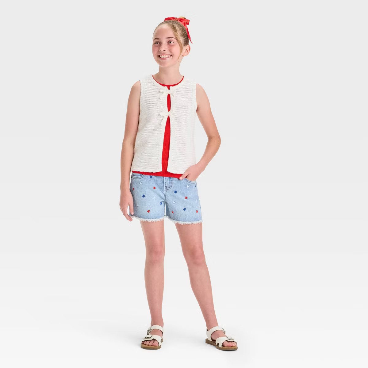 Girls' Mid-Rise Star Embroidered Cutoff Denim Shorts - Cat & Jack™ Light Wash XS: Adjustable Wa... | Target