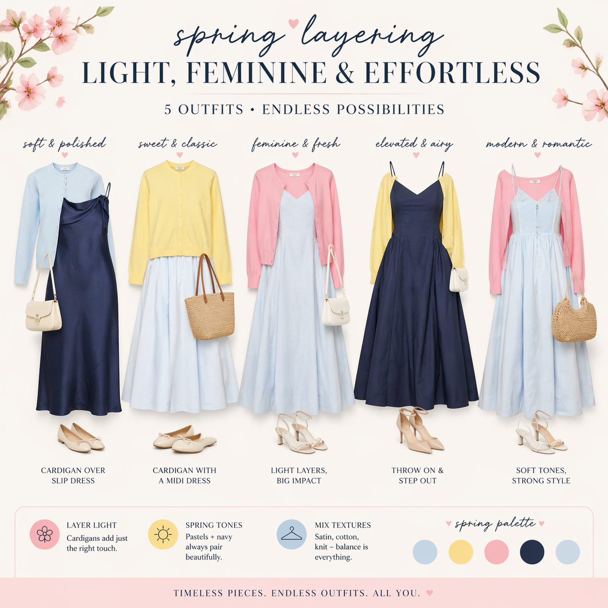 Spring Layering Outfits 🌸 Light, Feminine & Effortless Looks

If you struggle with what to wear in spring weather, this is your sign to start layering smarter 🤍

These are my go-to formulas for looking put together without overthinking it:
• Cardigan + slip dress = instant chic
• Soft pastels + navy = elevated but still fresh
• Light layers = flattering, comfortable, and perfect for unpredictable temps

Everything here mixes and matches so you can create multiple outfits with just a few pieces — which is exactly how I build my wardrobe now.

Tap to shop these spring staples 🌷✨

#ltkstyle #ltkspring #ltktravel #ltkit #springoutfits #springstyle #layering #capsulewardrobe #femininefashion #effortlessstyle #mididress #springlayers #pasteloutfits #everydaystyle #outfitinspo 

 