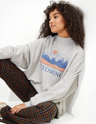 AE Oversized Fleece Graphic Mock Neck Sweatshirt | American Eagle Outfitters (US & CA)