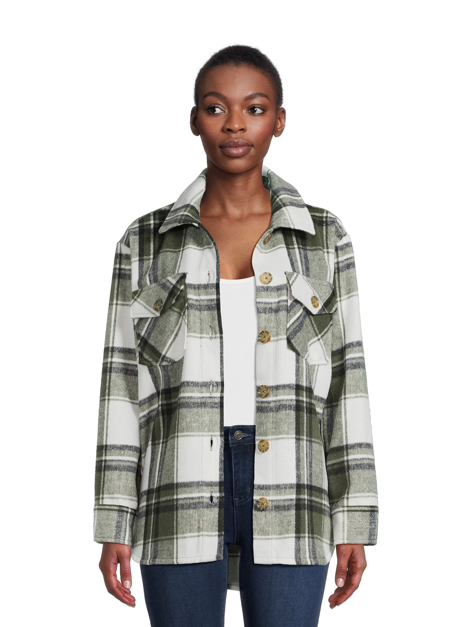 Time and Tru Women's Plaid Button Down Shacket, Sizes XS-XXXL | Walmart (US)