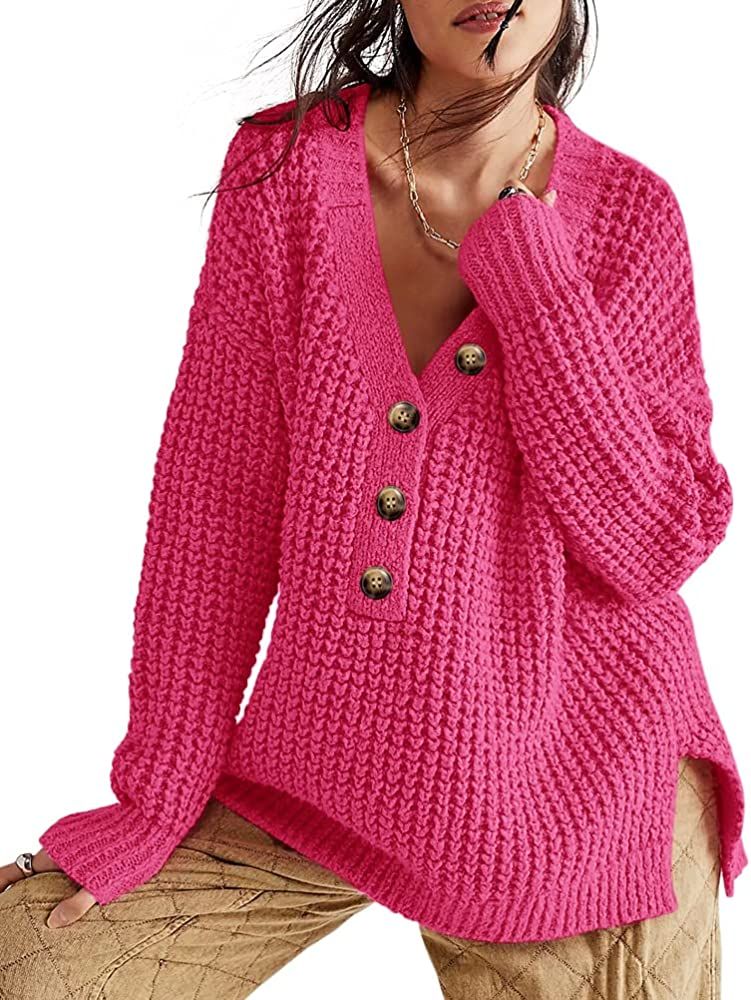 Women Long Sleeve V Neck Button Down Sweater Solid Color Waffle Knit Henley Sweaters Casual Side ... | Amazon (US)