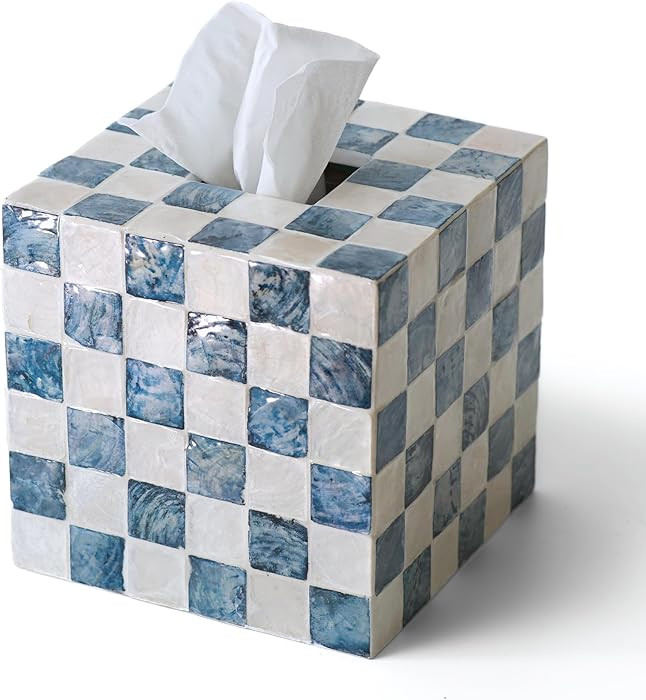 5.7" Tissue Box Cover, Handmade Checkered Cube Tissue Box Cover with Capiz Shells, Decorative Tis... | Amazon (US)