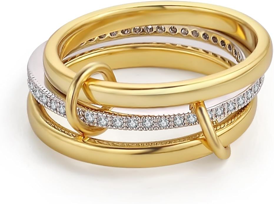 18k Gold Plated Stackable Rings Set for Women, 3 Rings Set with CZ Cubic Zirconia Band, Silver an... | Amazon (US)