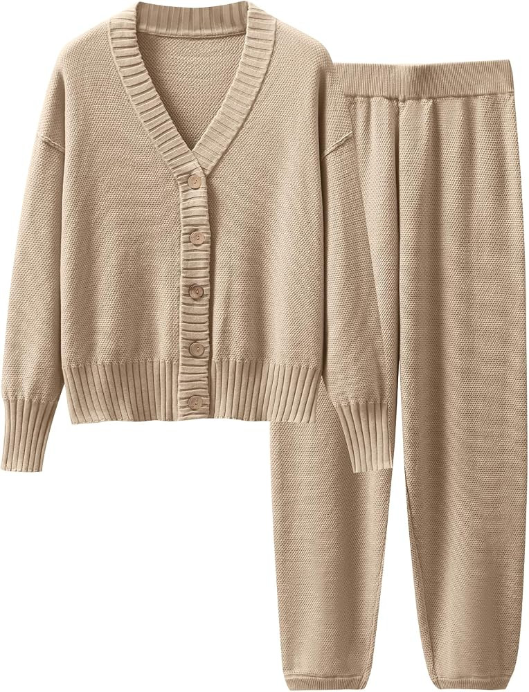 ANRABESS Women 2 Piece Outfits Waffle Knit Long Sleeve Cardigan Set Casual Sweater Pants Lounge S... | Amazon (US)