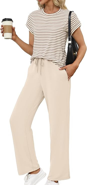 Glamaker Women's 2 Piece Sets Striped Summer Outfits Short Sleeve Shirts Wide Leg Pants Casual Lo... | Amazon (US)
