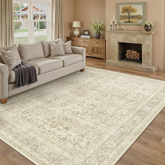 Vintage Area Rug 8x10 Beige Washable Living Room Large Carpet Non Slip Bedroom Indoor Office Low ... | Amazon (US)