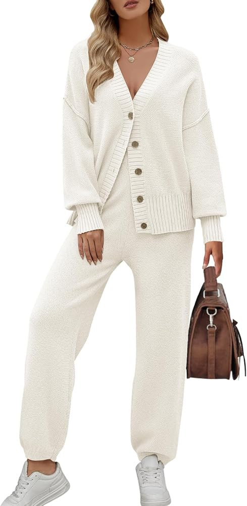 MEROKEETY Women's 2 Piece Outfits Sweater Sets Waffle Knit Cardigan and High Waist Pants Lounge S... | Amazon (US)