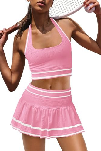Panadila Women 2 Piece Tennis Skirt Sets Athletic Sets Halter Sports Bra and Mini Skort Pickleball Outfits (Pink,S) | Amazon (US)