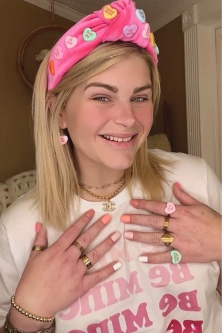 Valentines conversation heart accessories - headband - rings - Valentine’s Day outfit 
These would be perfect for any little girl or preteen also! You can make your own head band by using E6000 glue to glue on the resin hearts to a headband of your choice! 

#LTKunder50 #LTKstyletip #LTKkids