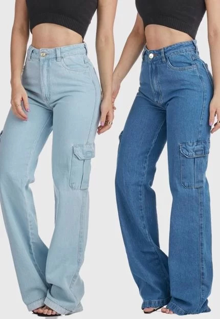 Kit 2 Calças Jeans HNO Jeans Wide Leg Cargo Hot Pant Bolso Lateral Azul Claro | Dafiti (BR)