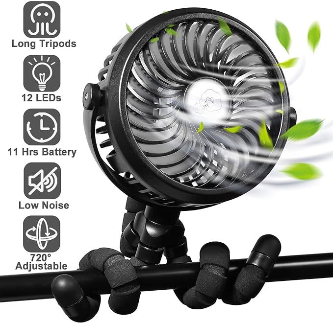 [2020 Upgraded] WGCC Personal Handheld Fan, 2600mAh 12 LEDs Clip On Tripod Fan Stroller Fan for B... | Amazon (US)