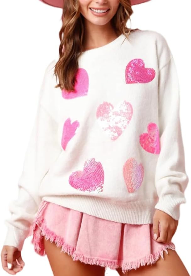 Womens Sequin Heart Sweatshirt Cute Cowboy Boots Crewneck Sweaters Sparkly Lips Oversized Long Sl... | Amazon (US)