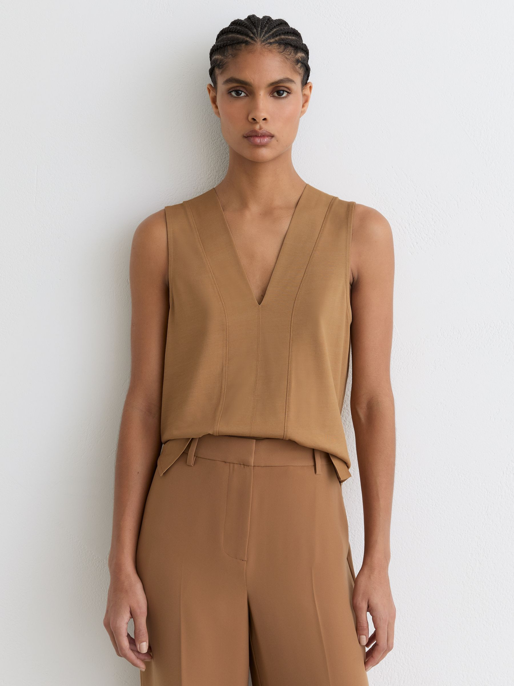 Reiss V-Neck Shell Top in Camel | REISS | Reiss US