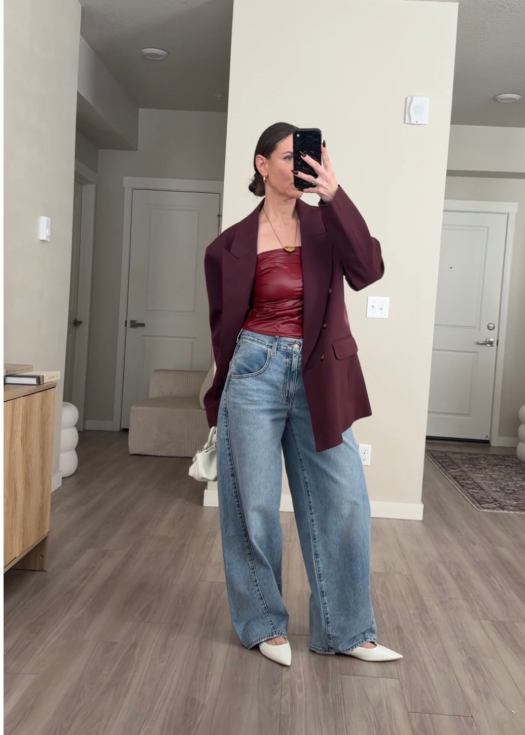 Linking exact Levi’s.  The color looks different online.  Wearing small in top.  Burgundy blazer is from asos.  Linked similar from Amazon.  Linking exact pointy toe shoes 🫶🏻🍒🍒