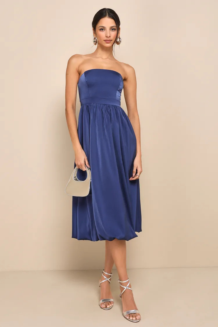 Lavish Elegance Navy Blue Satin Strapless Bubble-Hem Midi Dress | Lulus