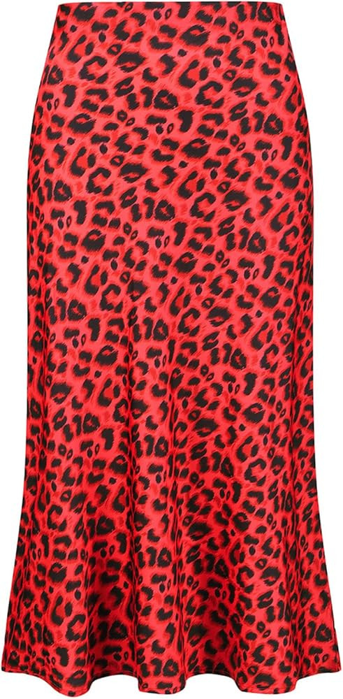 Keasmto Leopard Skirt for Women Midi Length High Waist Silk Satin Elasticized Cheetah Casual Ladi... | Amazon (US)