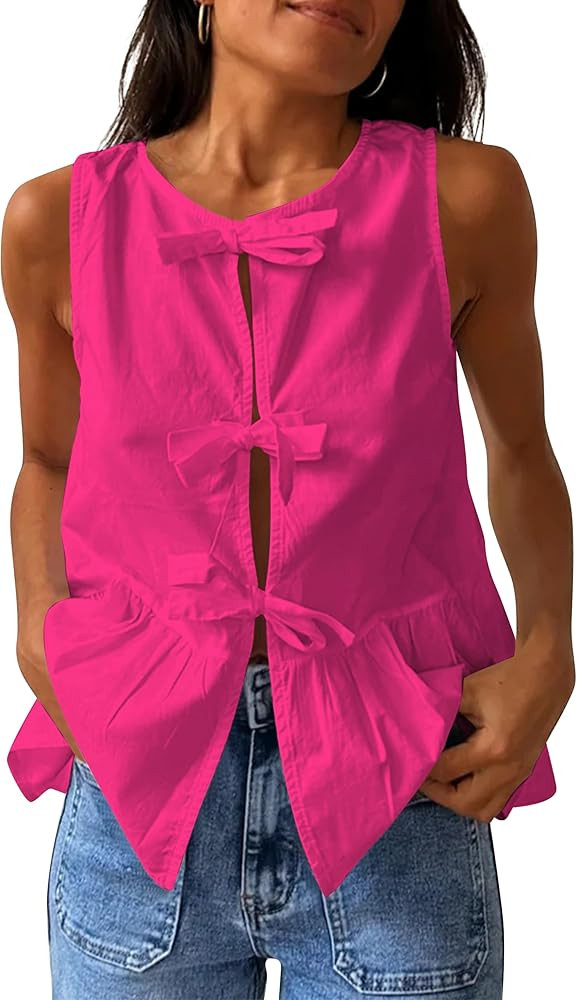 BAIGRAM Women Trendy Bow Tie Front Babydoll Tank Tops Sleeveless Peplum Ruffle Blouse Tie Up Summ... | Amazon (US)