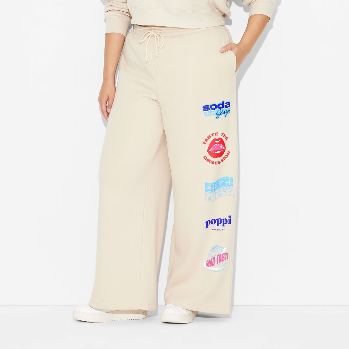 Adult Poppi Stay Juicy Wide Leg Graphic Sweatpants - Beige | Target