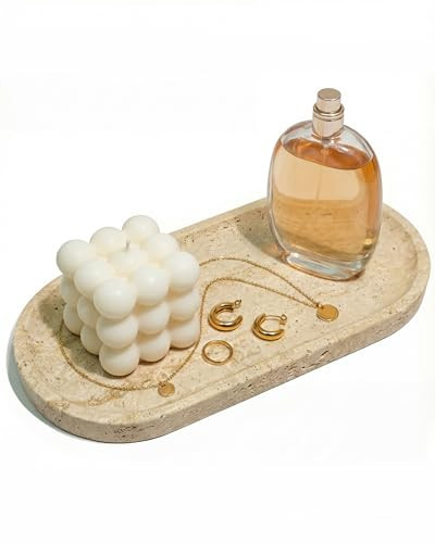 100% Natural Travertine Stone Tray for Perfume, Jewelry, Candle & Trinket Holder – Light Beige Stone Vanity Organizer for Bathroom, Coffee Table, or Living Room, 10"x5", Non-Resin/Ceramic | Amazon (US)