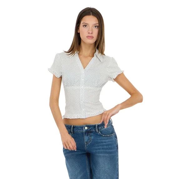 Forever 21 Women’s Collared Button Down Top with Ruffle Hem, Cinched Fit, White, XS | Walmart (US)