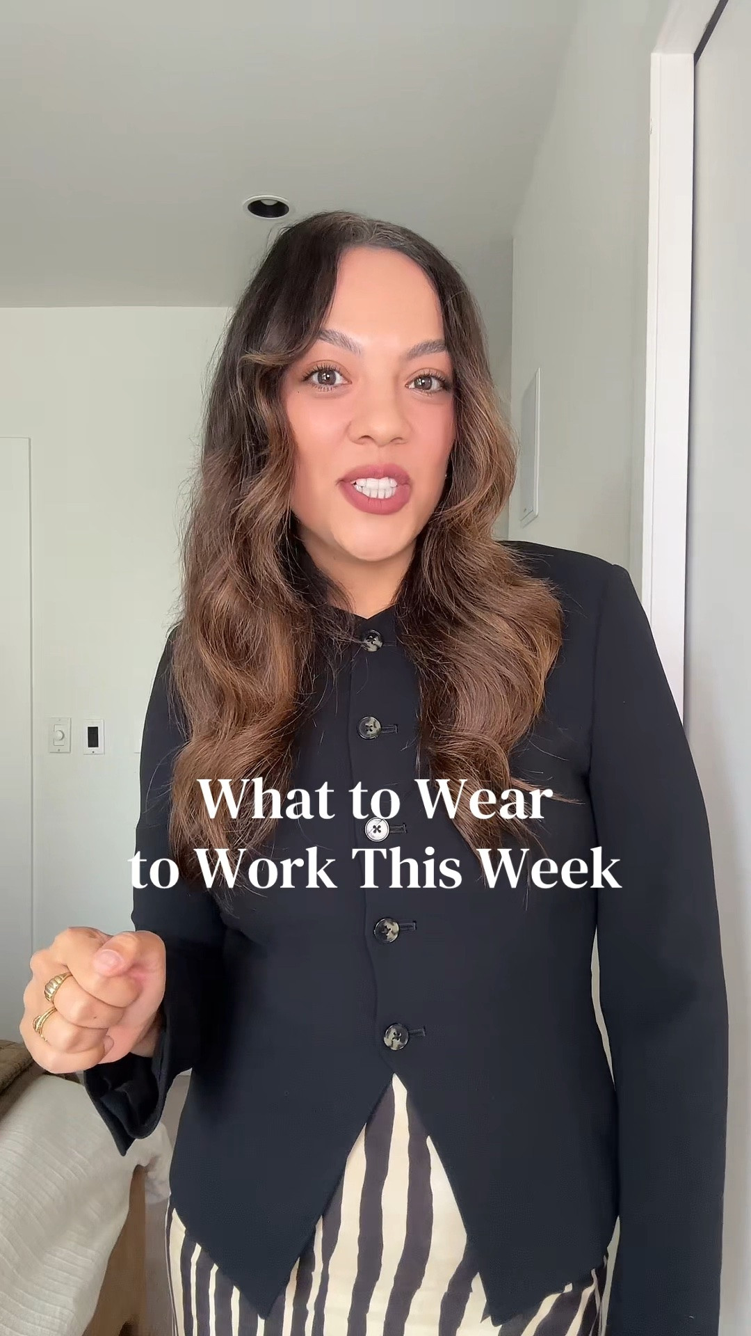 Here is what you can wear to work this week!

Monday:
-Aritzia black collarless blazer, I have a size 10 (regal). 
-Massimo Dutti zebra print midi skirt, I have a size 40 & similar linked. 
-Ganni black and silver buckled heels.
-Demellier London burgundy suede tote bag. 

Tuesday:
-Aritzia brown barrel-leg tailored trousers, I have a size 10. 
-Zara purple short-sleeved sweater, I have a size large.
-Demellier London brown suede tote bag.
-Gold kitten heels, similar linked. 

Wednesday:
-Aritzia black high-rise tailored trousers, I have a size 10.
-Aritzia brown plaid funnel neck jacket, I have a size medium.
-Zara red pointed flats.

Thursday:
-Zara brown T-shirt, I have a size medium. 
-Aritzia brown plaid midi skirt, I have a size 10. 

Friday:
-Uniqlo medium wash unisex barrel jeans, I have a size 29.
-Abercrombie black tank top, I have a size medium.
-Reformation brown tweed blazer, I have a size large.
-Coach suede tote bag.

#LTKworkwear #LTKfall #LTKstyletip