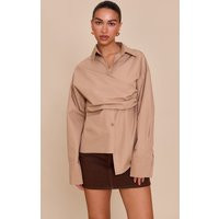 Sand Asymmetric Drape Shirt | PrettyLittleThing UK