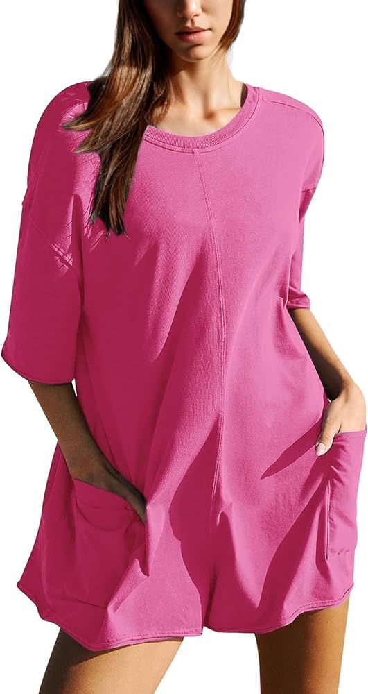 Dokuritu Rompers for Women Short Sleeve Round Neck Summer Athletic Romper Oversized Back V Neck O... | Amazon (US)