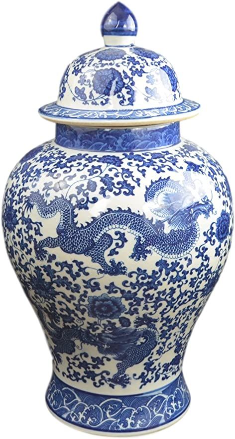 Festcool 20" Classic Blue and White Porcelain Floral Temple Dragon Jar Vase, China Ming Style, Ji... | Amazon (US)