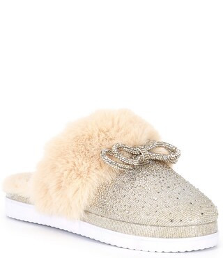 ComfieeTwo Embellished Rhinestone Bow Faux Fur Slippers | Dillard's