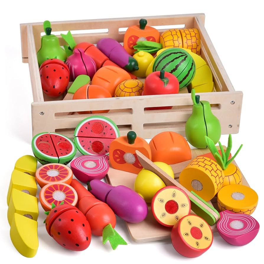 FUN LITTLE TOYS 35PCS Wooden Play Food for Kids Kitchen, Pretend Cutting Food Toys with Wooden Tr... | Amazon (US)
