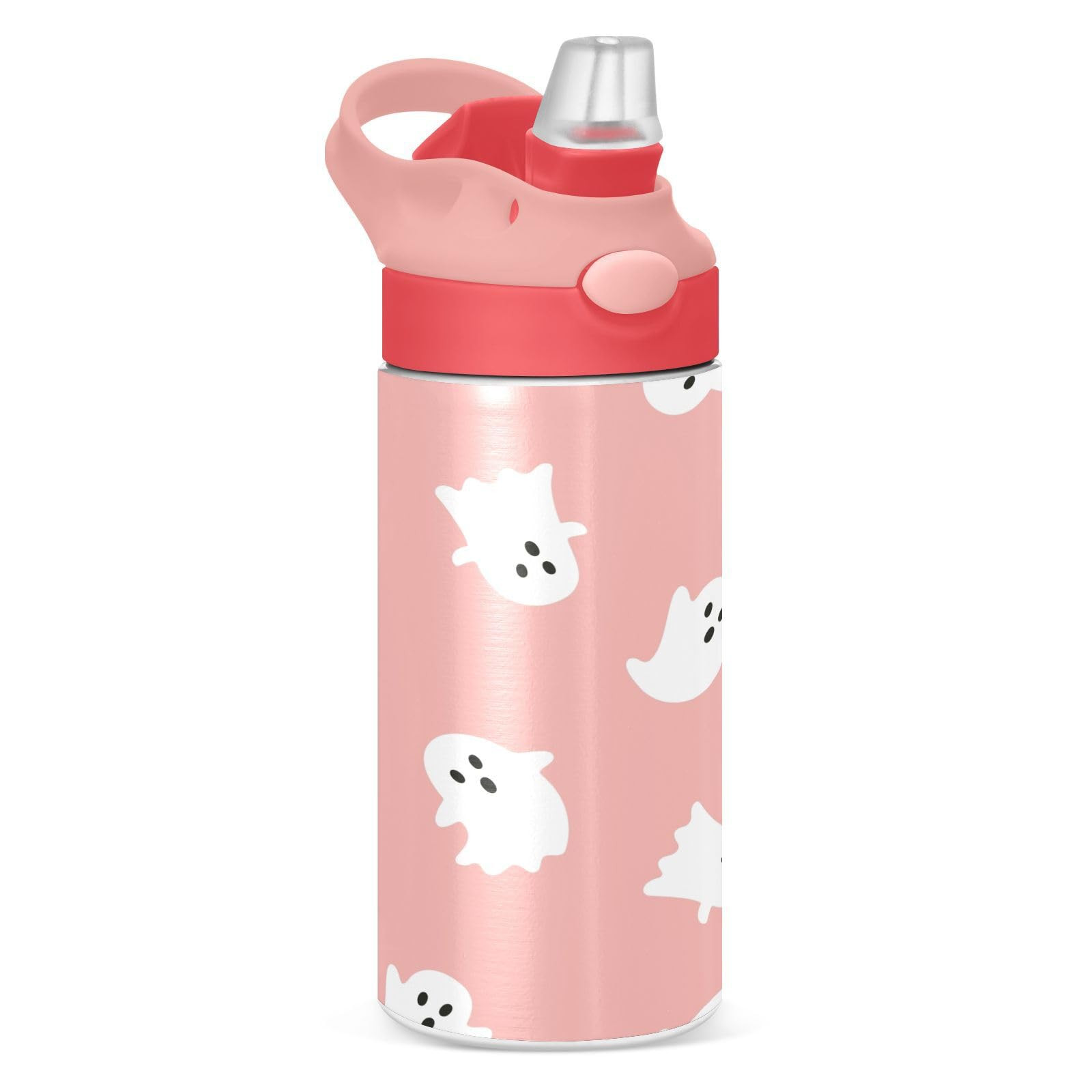 Ghosts on Pink Background Insulated Water Bottle with Straw Handle for Kids 12 OZ Cute Halloween Stainless Steel Vacuum Insulated Cup for Hot and Cold Drinks Travel Tumbler for Toddler Girls | Amazon (US)